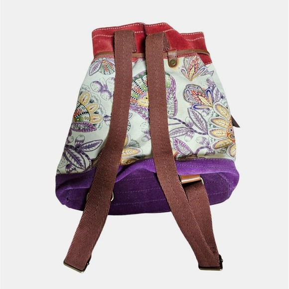 Lucky Brand Cinch Tie Backpack Bag Paisley Canvas Suede Leather 16 X 14 - Picture 2 of 9